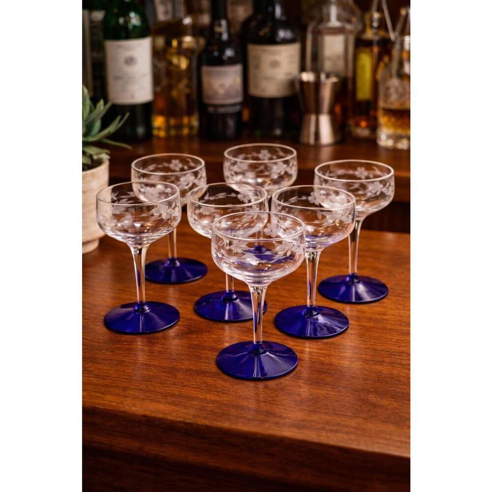 Vintage MCM Set 7 Etched Coupe Glasses Cobalt Blue Stem Floral Barware